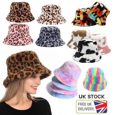 FLUFFY BUCKET HAT SOFT PLUSH FESTIVAL HATS FAUX FUR UK